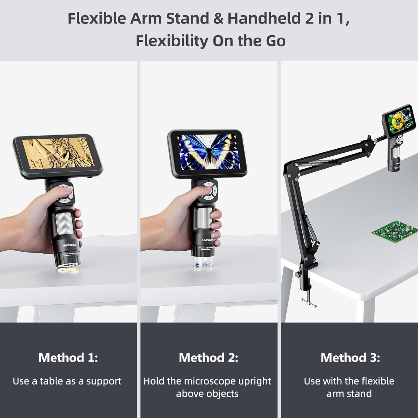 Andonstar Digital Microscope, 5" 1080P Coin Microscope Camera for Error Coin with 7.3" Metal Stand for Adults Kids, Handheld USB Coin Magnifier with 8 Adjustable LED Lights, Windows Mac PC