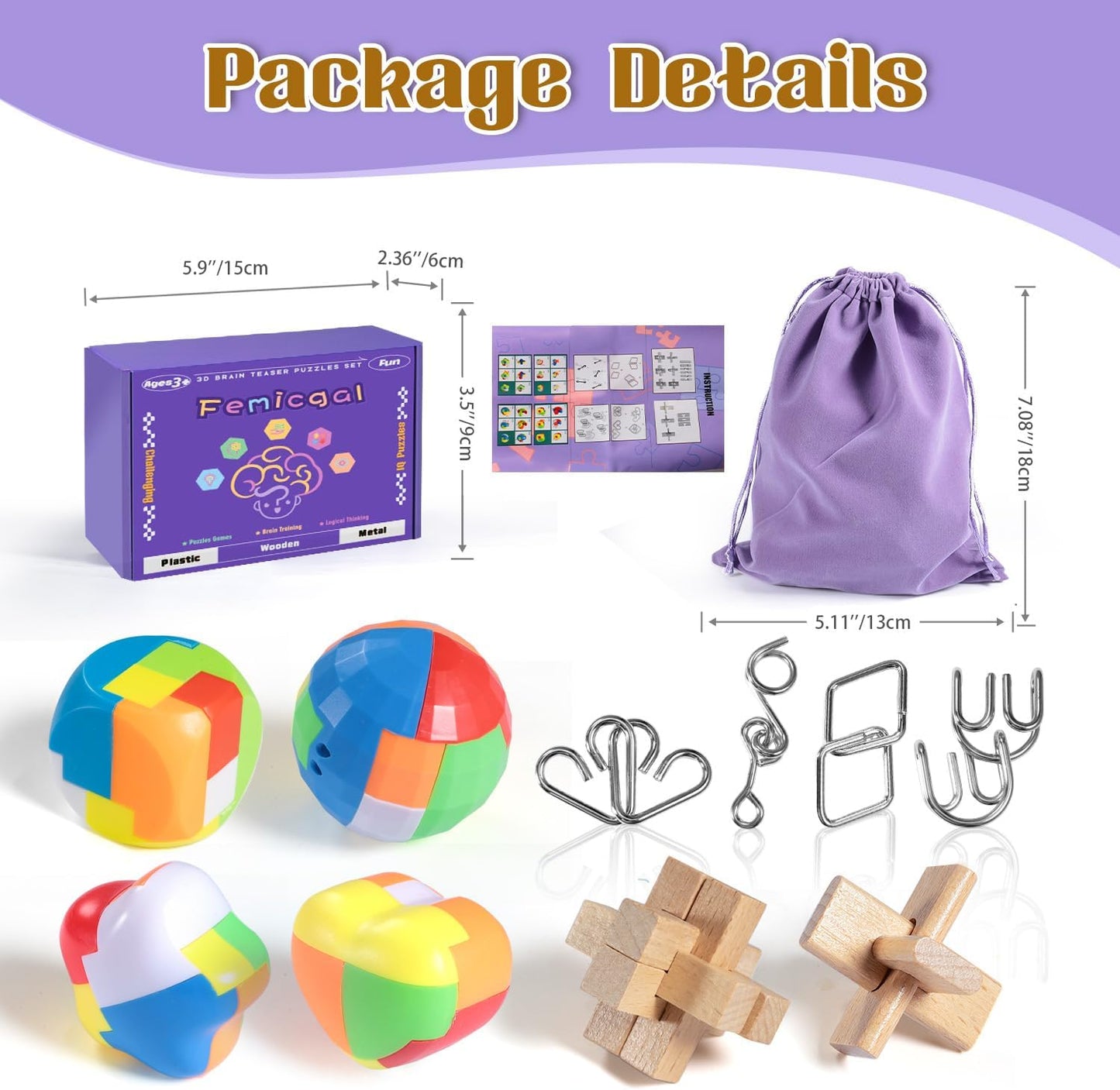 Brain Teaser Puzzles for Adults and Kids, 18Pcs Puzzle Games Set, 3D Wooden Plastic Metal Puzzle, Unlock Interlock Mind Brain Games, IQ Test Educational Toy