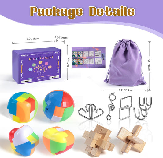 Brain Teaser Puzzles for Adults and Kids, 18Pcs Puzzle Games Set, 3D Wooden Plastic Metal Puzzle, Unlock Interlock Mind Brain Games, IQ Test Educational Toy