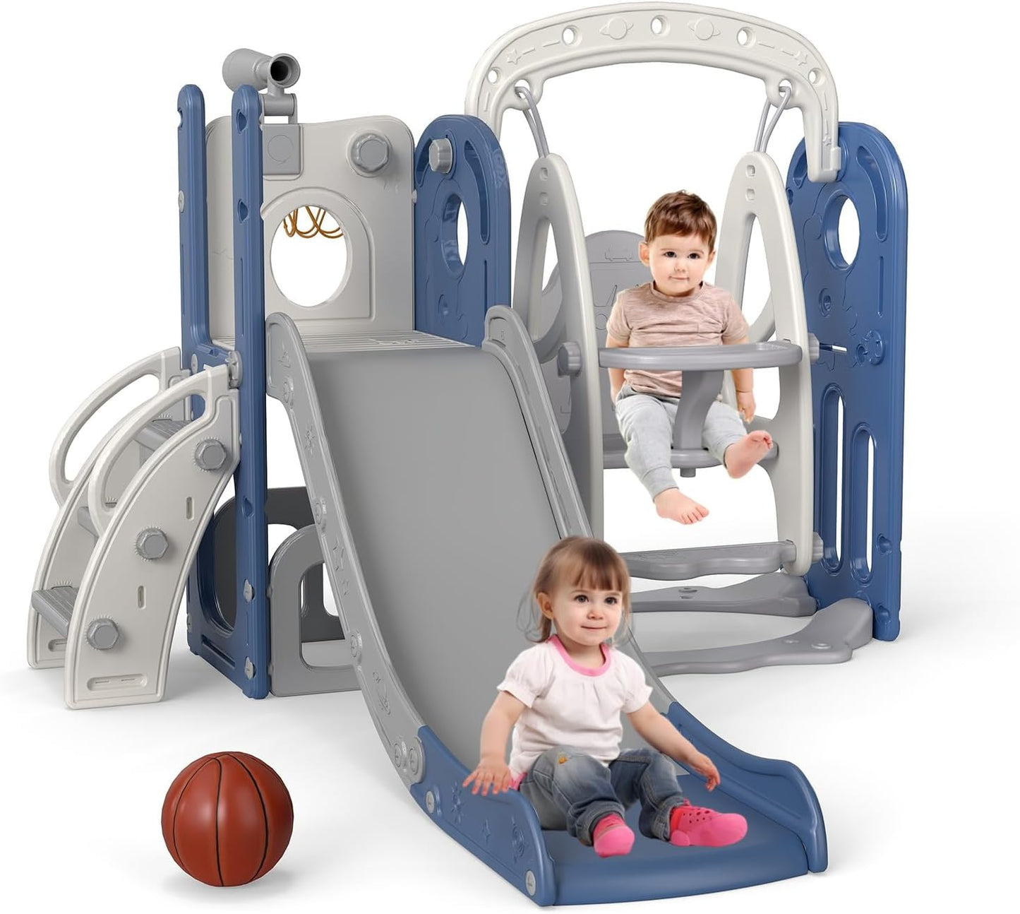 kinbor 6 in 1 Toddler Slide PlaySet - Indoor Outdoor Fun for Kids Ages 1-3, Includes Basketball Hoop, Telescope, Storage & Climber, Safe, Sturdy Baby Slide for Backyard Playground, Blue