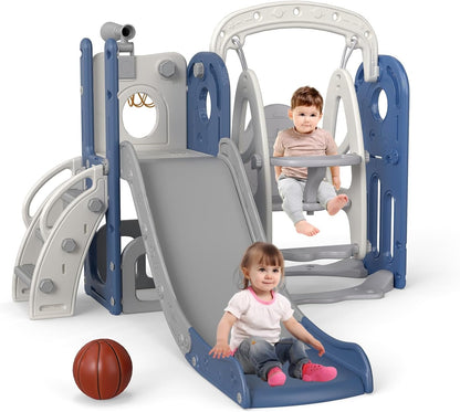 kinbor 6 in 1 Toddler Slide PlaySet - Indoor Outdoor Fun for Kids Ages 1-3, Includes Basketball Hoop, Telescope, Storage & Climber, Safe, Sturdy Baby Slide for Backyard Playground, Blue
