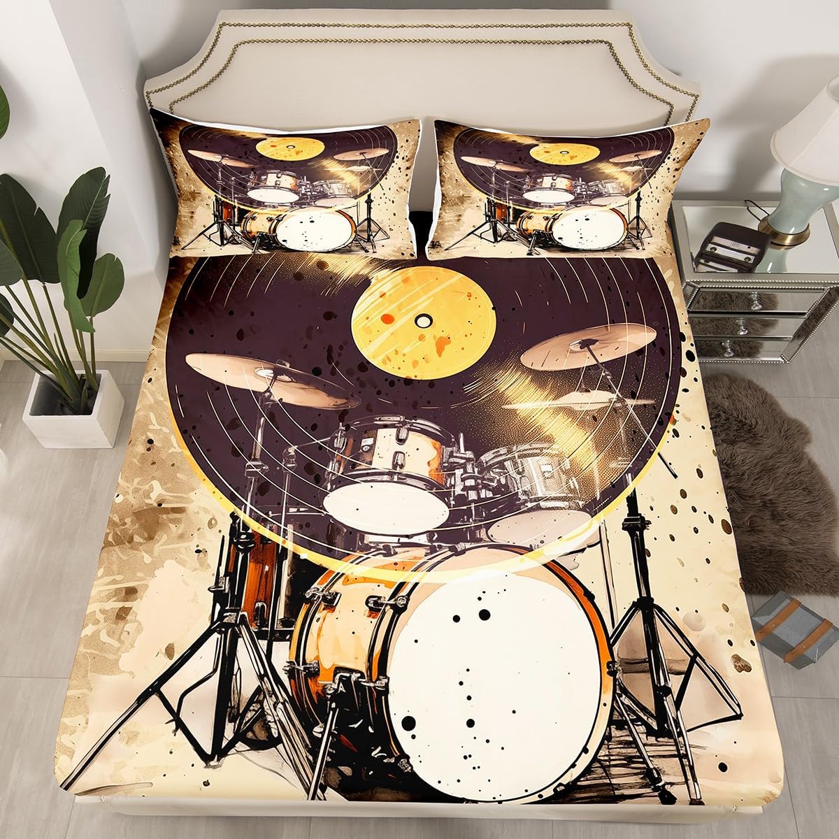 Feelyou Drum Kit Bed Sheets Musical Instruments Fitted Sheet for Kids Boys Teens Classical Rock Music Bedding Set Vinyl Record Sheets Set Bedroom Collection 2Pcs Twin Size,No Flat Sheet