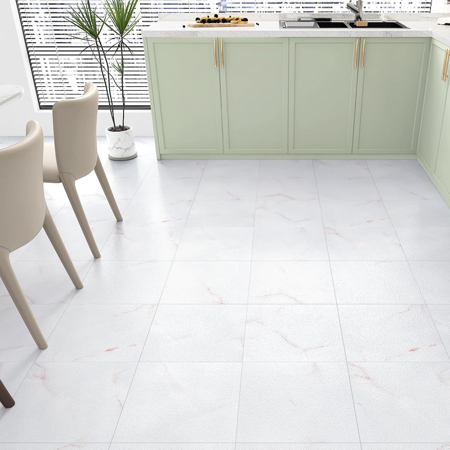 Wallercity White Marble Peel and Stick Vinyl Floor Tiles 6-Pack 12x12 Inches Self Adhesive Waterproof Flooring Planks for Bathroom Kitchen Bedrooms Stick on Floor Tiles Laminate Sheets Vinyl Flooring