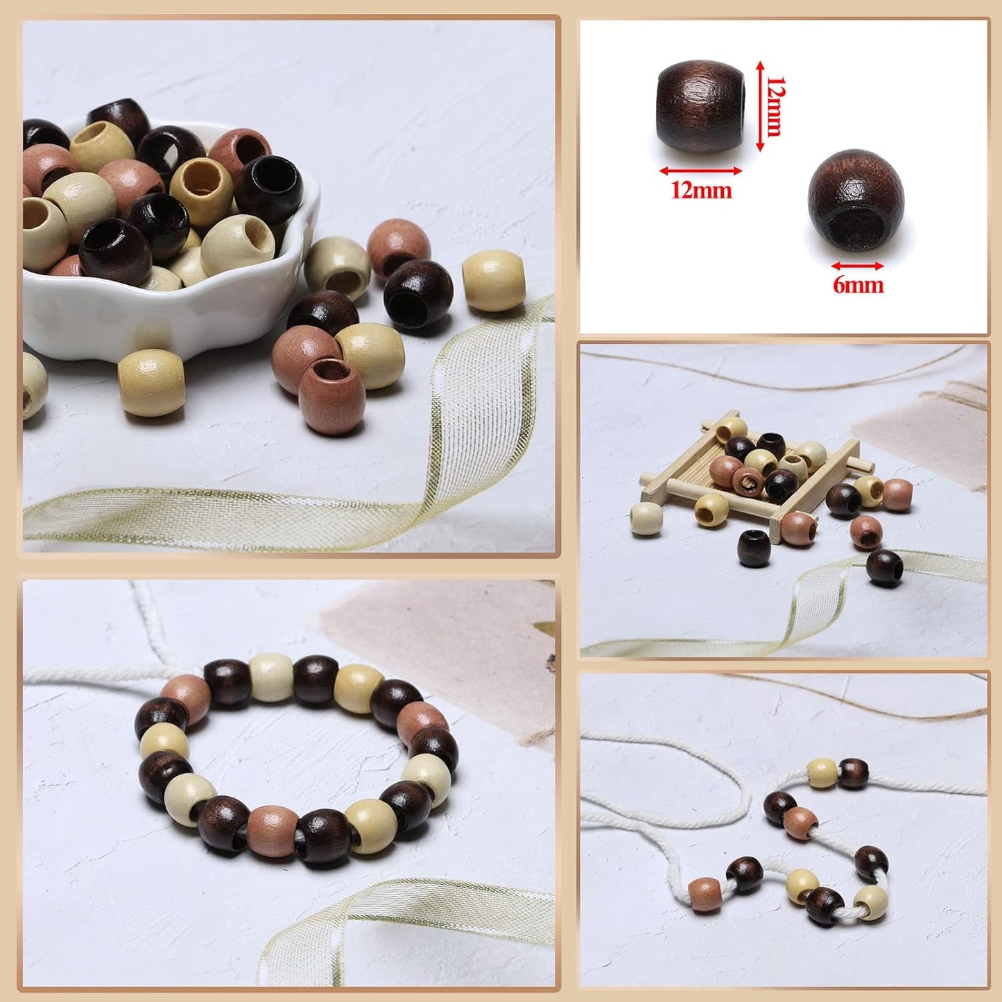 120 11x12mm White Wooden Beads with 5mm Large Hole Barrel Wood Spacer Loose Beads for Handmade Crafts Making