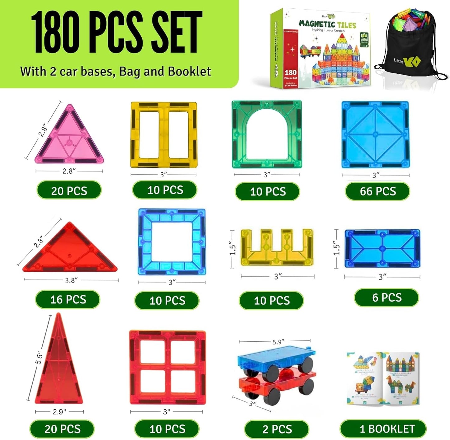 Magnetic Tiles 100 pcs with 2 Cars, STEM Building Blocks for Kids, Educational Gift, Magnet Construction Toys for Toddlers, School Teacher Supplies, Classroom Must-Haves