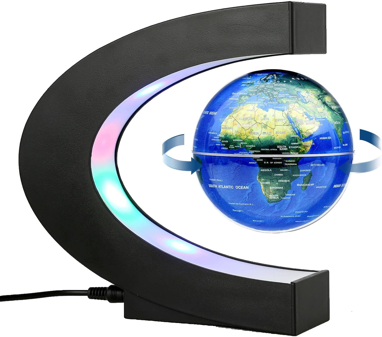 Magnetic Levitation Floating Rotating World Globe with LED Light - C Shape Anti Gravity Levitating Globe for Desk Office Decor, STEM Educational Map, Unique Tech Gift for Men Kids Boss, 3.5 Inches