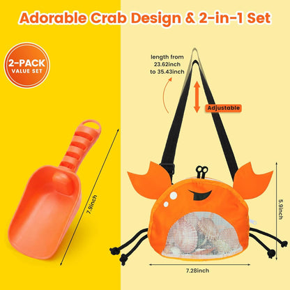 AMOR PRESENT Mesh Baby Beach Bag, Shell Collecting Bag with Shovel Crab-Shaped Adjustable Strap for Holding Shell Sea Pool Sand Toy, Blue