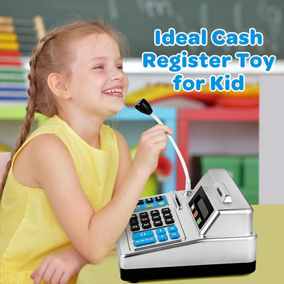 Calculator Cash Register Toy Gift for Kids Age 3, 4, 5, 6, 7, 8+ Year Old, 103 Pcs Pretend Grocery Store Playset with Toy Cash, Microphone, Credit Card, Play Cash Register for Toddlers 4-8, Silvery
