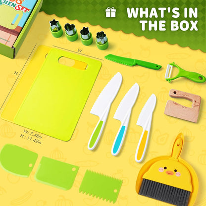 13 Pieces Montessori Kitchen Toys for Toddlers-Kids Cooking Sets Real-Toddler Toys Set for Real Cooking with Plastic Children Safe Knives Crinkle Cutter Kids Cutting Board