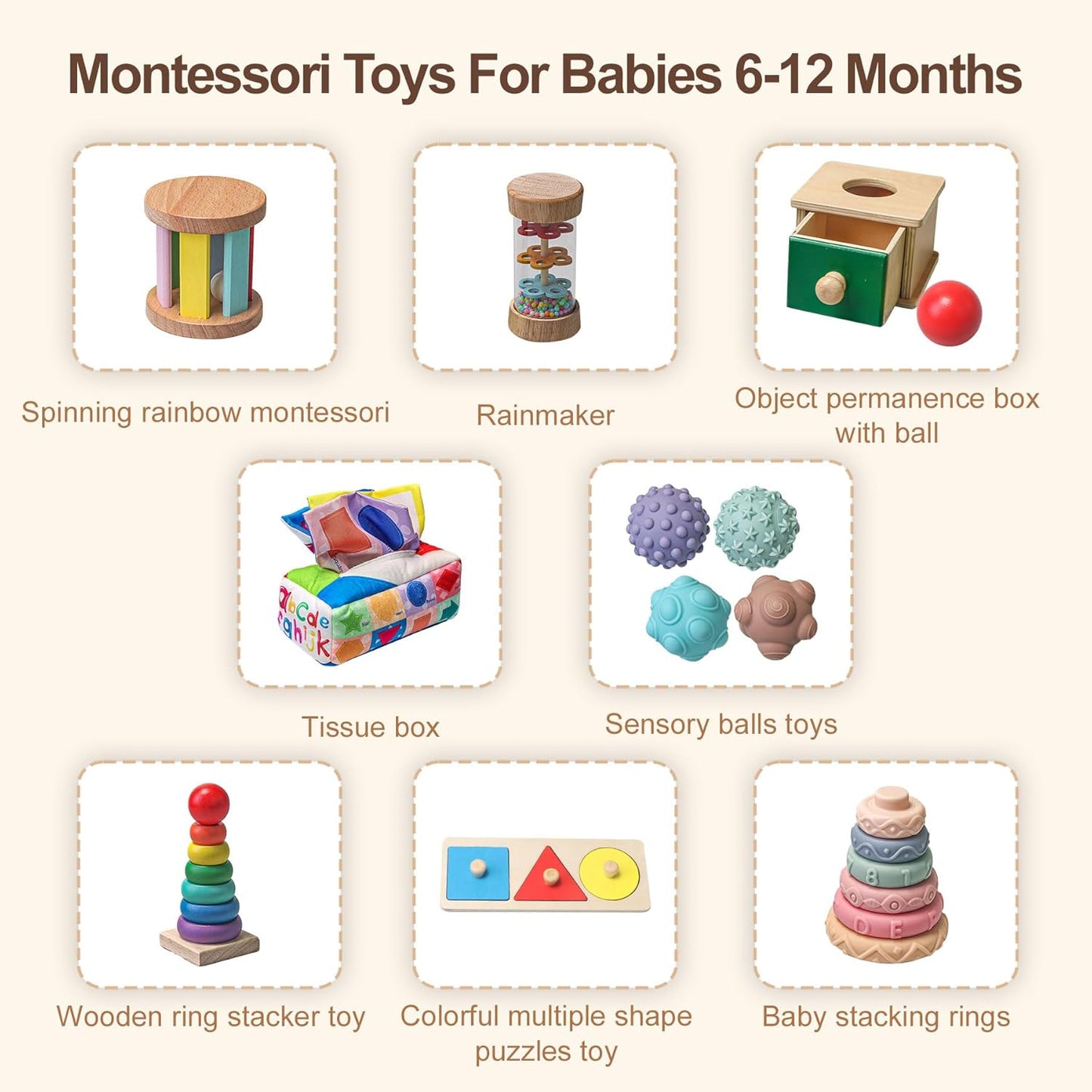 Montessori Toys for Babies 6-12 Months,8 in 1 Developmental Learning Toys Set Wooden Sensory Toys for Baby Toys 12-18 Months (Includes Tissue Box Toy,Stacking Cups and More)