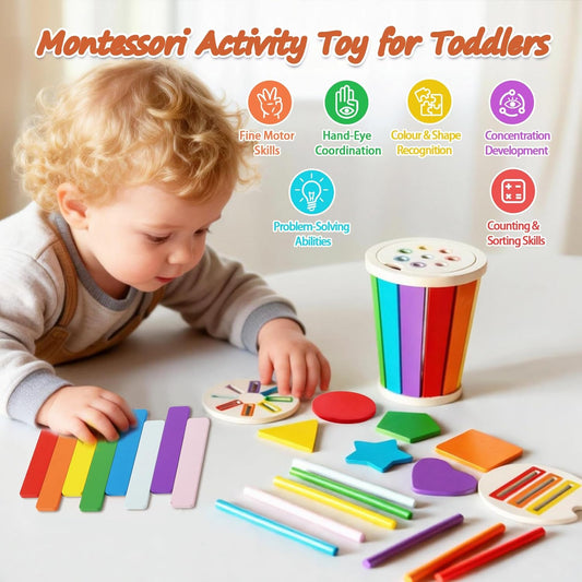 Montessori Toys for 1 2 3 Year Old, 3 in 1 Wooden Learning Color Sorting Toys for Toddlers 12-36 Month Old, Wooden Educational Toy, Fine Motor Developmental Sensory Matching Games
