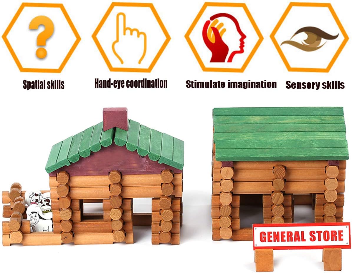 Joqutoys 90 Pcs Wood Building Blocks Toy for Toddlers, Classic Wooden Cabin Log Set Preschool Education Toy, Creative Construction Engineering Educational Toys for 3 4 5 6 Years Boys