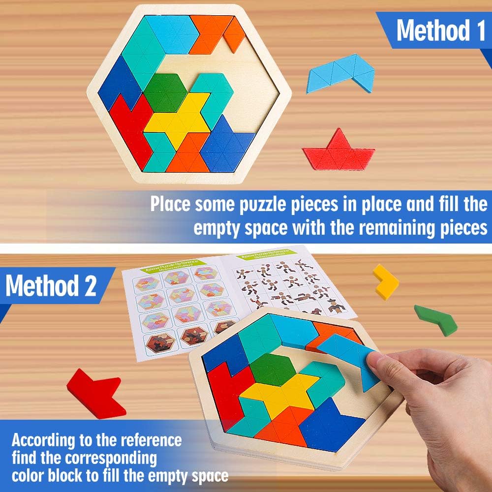 Skrtuan 5 Pack Wooden Puzzles Set - STEM Montessori Educational Board Games and Logic Traning Brain Teaser Geometric Shapes Tangram Puzzle Games for Kids Ages 3+