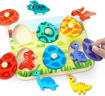 Dinosaur Wooden Puzzles for Toddlers 1-3 Year Old, Matching Eggs Peg Puzzle Gifts for Babies Fine Motor Skill Montessori Toys for Baby 12-18 Months Boys Girls Valentine Gift Easter Basket Stuffer Gift