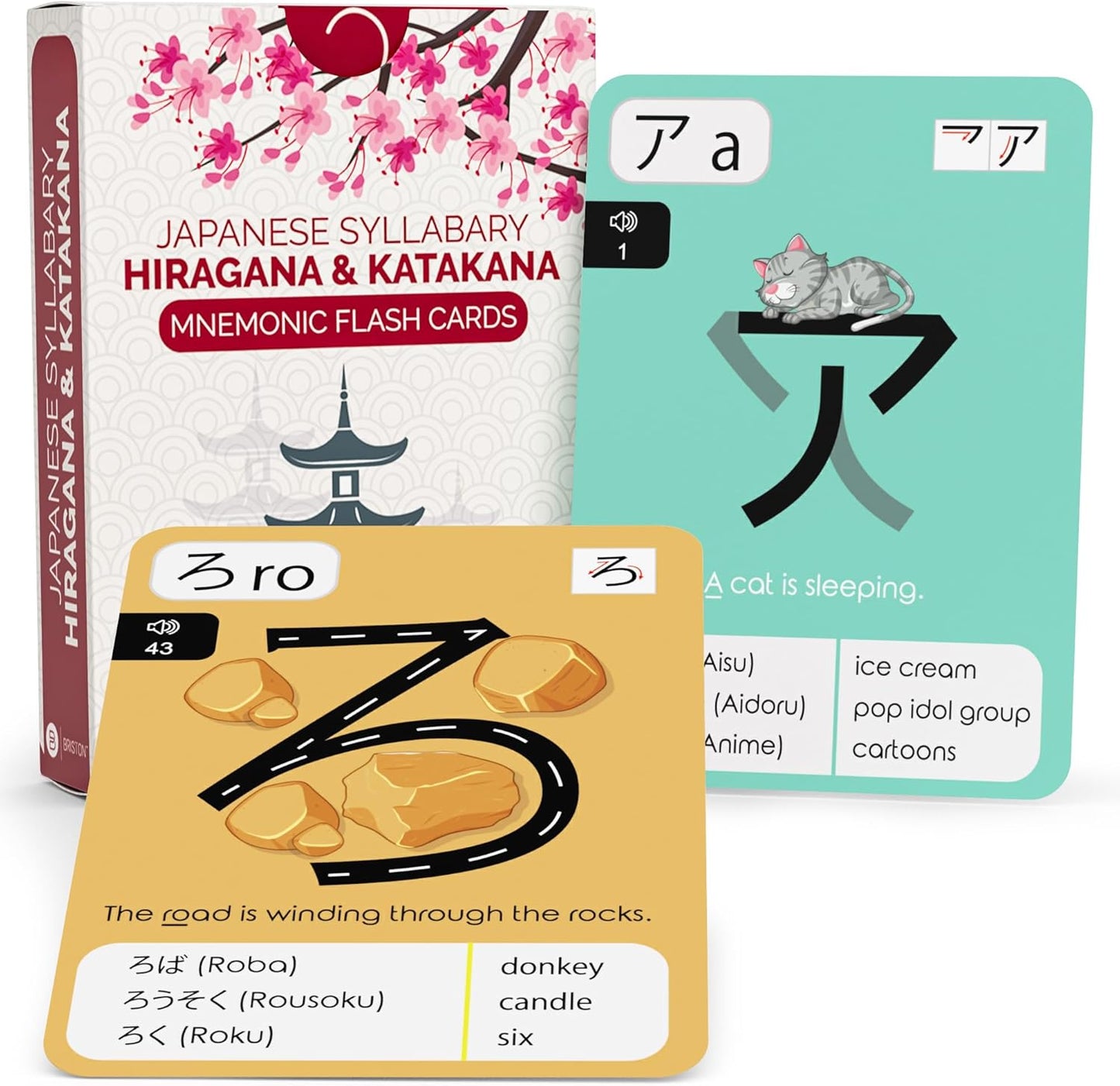 Japanese Hiragana & Katakana Flash Cards with Audio – Learn Japanese Alphabet with Mnemonics – Study Aid for Beginners, Students, Teachers, Homeschool, Language Learning Tool – 46 Cards by Briston
