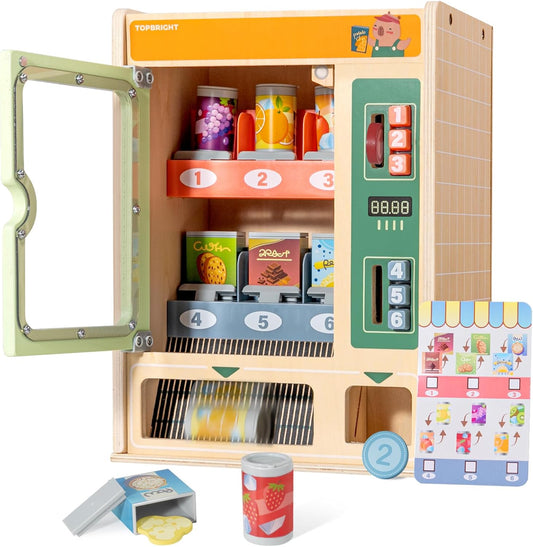 TOPBRIGHT Wooden Vending Machine Play Set for Preschoolers 3+, Kids Pretend Play Toy for Boys and Girls with Snack Bars, Drink Cans & Coins