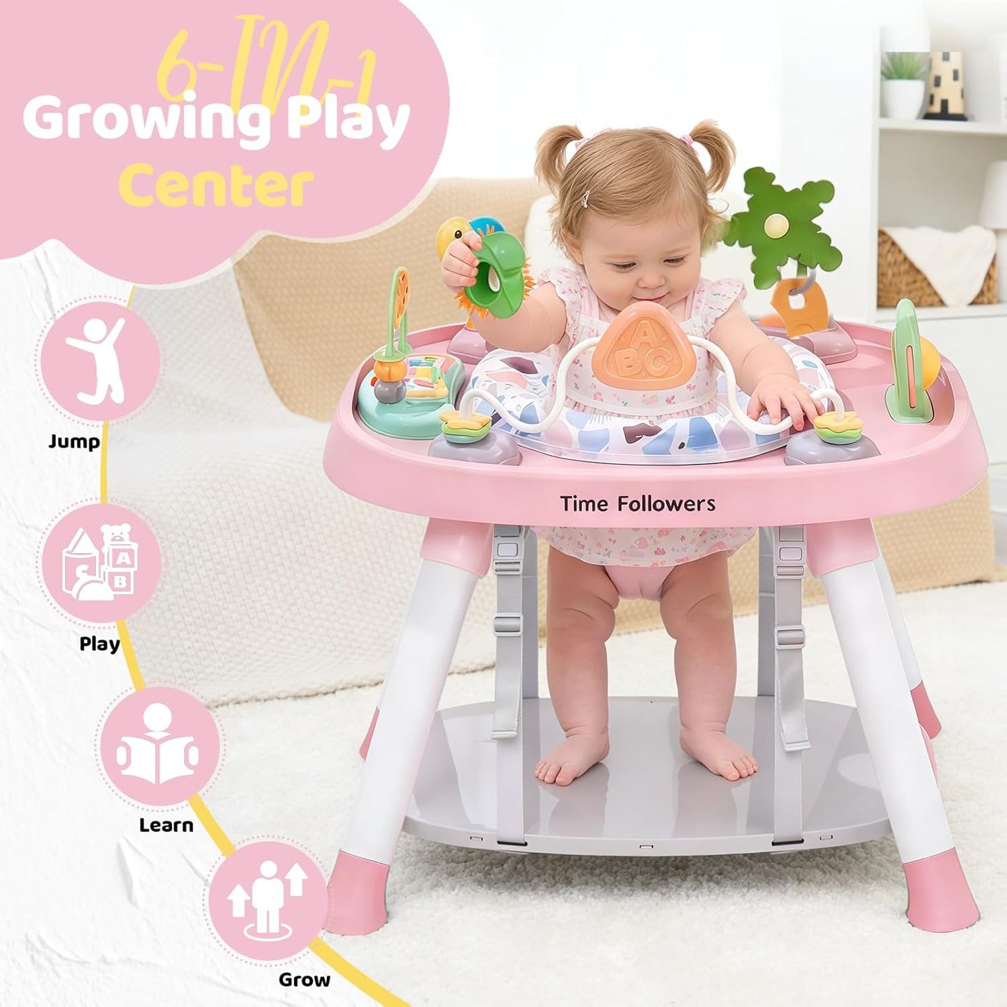 Time Followers® 6-in-1 Baby Activity Center | 4 Stage Montessori-Inspired Toys | Grow Stationary Standing Toddler Table | Jumpers & Bouncers | Must Have for Boy & Girl 6, 12, 24+ Month Old (White)