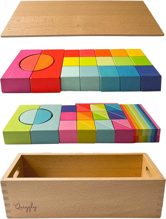 Quiggly Montessori Wooden Rainbow Building Blocks Set | 68-Piece Educational STEM Toy for Toddlers | Includes Storage Box with Carry Handles | Ideal for Ages 12-48+ Months (Wooden Storage Box)