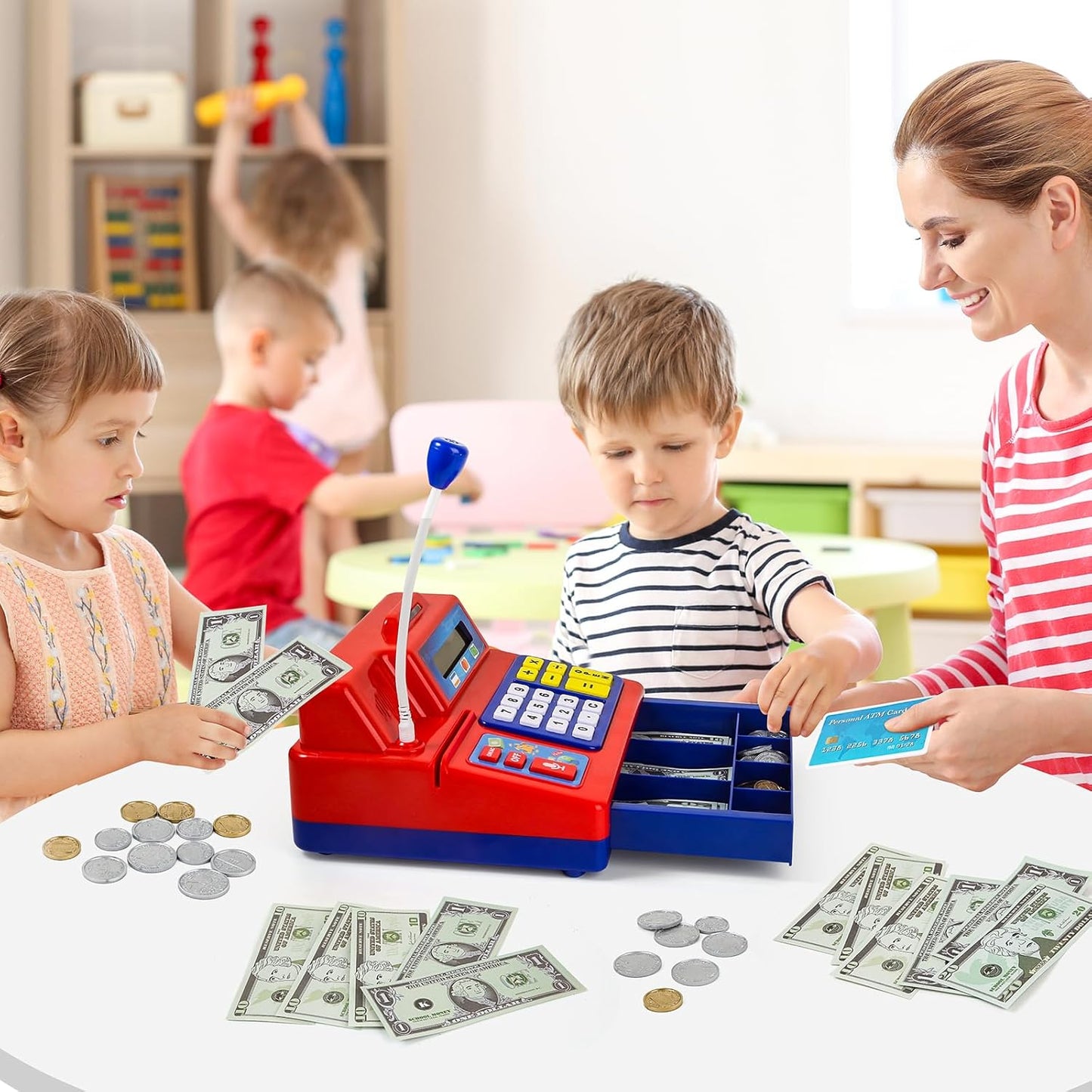 BAODLON Calculator Cash Register - 103 Pcs Pink Toy Cash Register, Microphone, Credit Card and Banking for Kids, Early Math Skills Toys Gifts for 3, 4, 5, 6 7 8+ Years Old Boys Girls