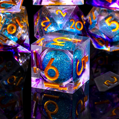 Liquid Core DND Dice Set, 7pcs Sharp Edge Dice for Role Playing Dungeons and Dragons Ttrpg with Gift Box, Handmade Resin D&D Dice RPG Role Playing Games Dice Set(Blue Gold)