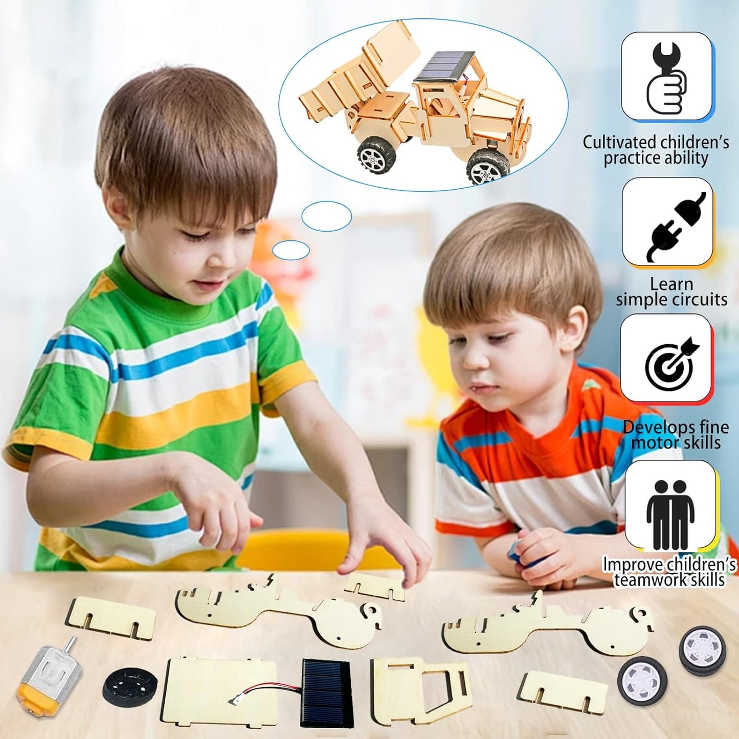 6-in-1 Solar STEM Building Kit, Wooden DIY Construction Set with Satellite, Helicopter, Cars, Educational Science Toy for Kids Ages 6-14 Years