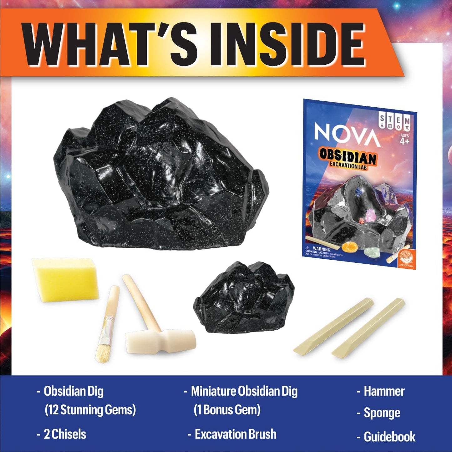 Gem Dig Kit for Kids Ages 4+ - NOVA Obsidian Excavation Lab by MindWare, 13 Real Gems + Bonus Mini-Dig + Dig Journal, Geology Science Kit with Rock & Mineral Tools