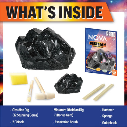 Gem Dig Kit for Kids Ages 4+ - NOVA Obsidian Excavation Lab by MindWare, 13 Real Gems + Bonus Mini-Dig + Dig Journal, Geology Science Kit with Rock & Mineral Tools