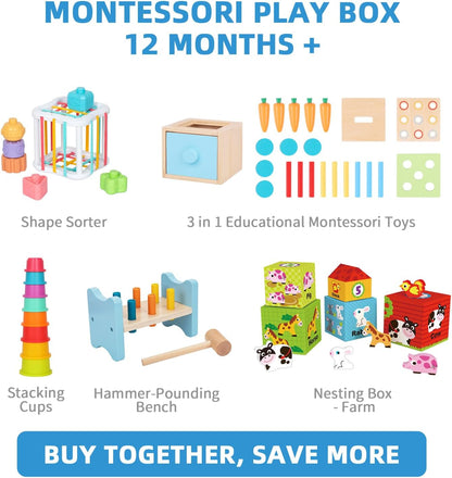 OOOK Montessori Toys for 1 Year Old, 7 in 1 Learning Educational Kit with Sensory Bin,Nesting Box, 3 in 1 Educational Box,Pounding Bench and Baby Stacking Cups