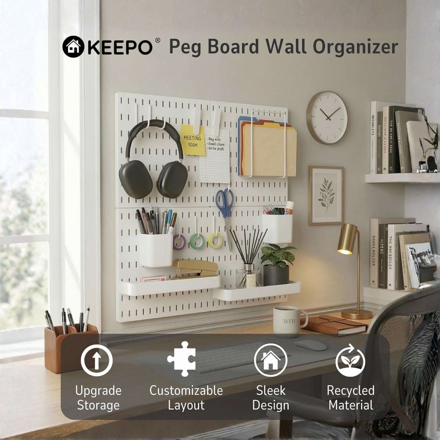 Keepo Peg Board Wall Organizer – Plastic Pegboard Panels, Modular Peg Board Storage System for Home Office, Craft Room, Gaming Setup (White, 33″×22″)