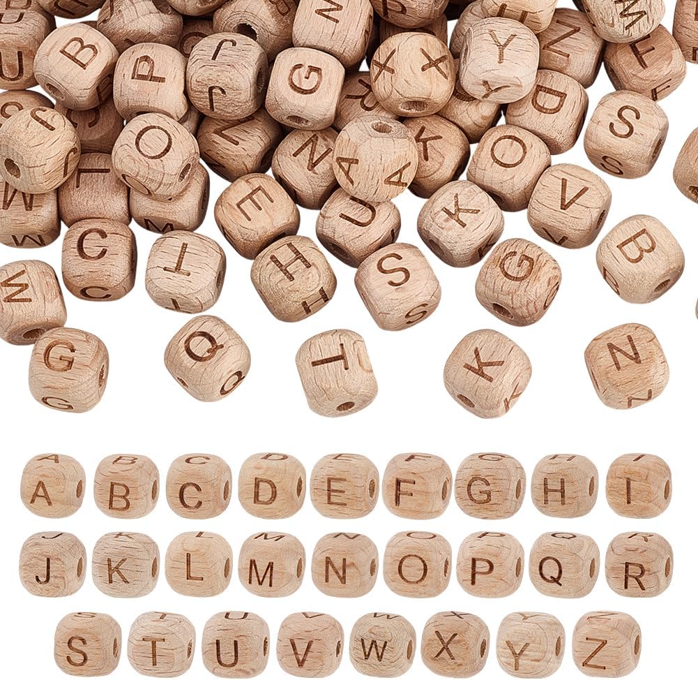 PH PandaHall 104pcs Alphabet Wooden Beads, 10mm Flat Round Letter Beads Natural Wooden Flat Bead Wood Loose Bead for DIY Crafts Jewelry Making, Hole 3~3.5mm
