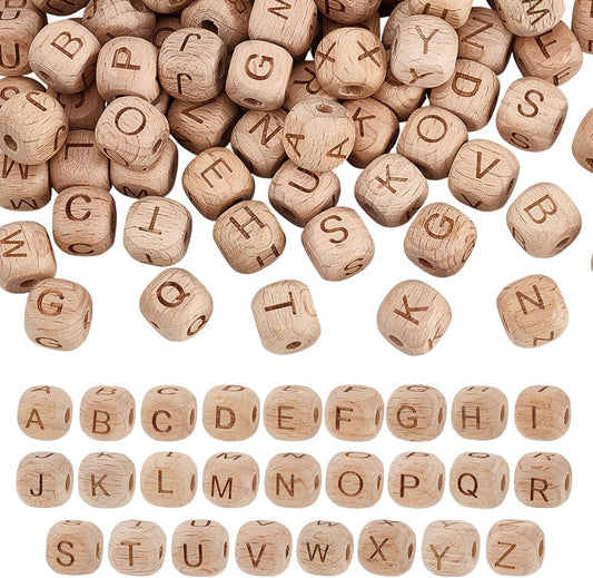 PH PandaHall 104pcs Alphabet Wooden Beads, 10mm Flat Round Letter Beads Natural Wooden Flat Bead Wood Loose Bead for DIY Crafts Jewelry Making, Hole 3~3.5mm