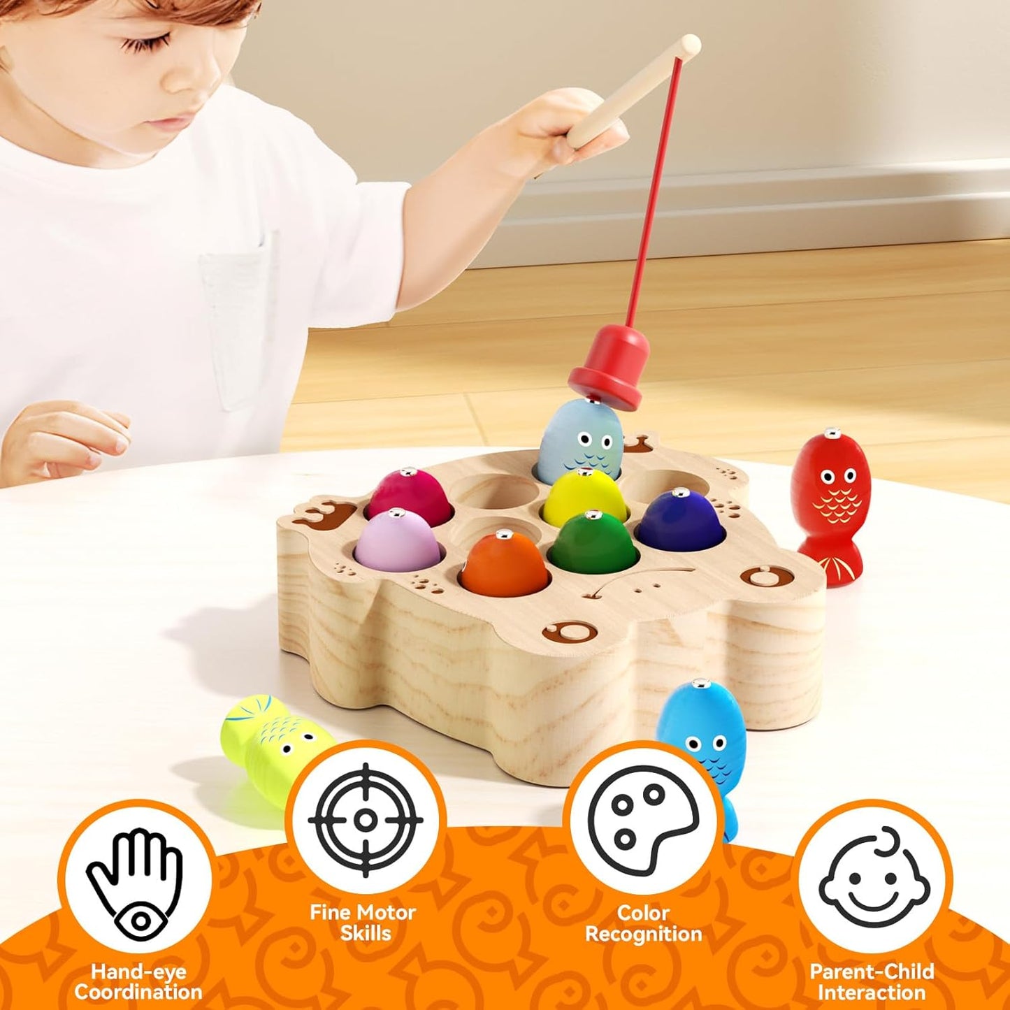 Wooden Magnetic Fishing Game for Toddlers 1-3, Montessori Sensory Busy Board Fine Motor Skills Toys for 1 2 3 Years Old Boys Girls (Frog B-Fish Game)