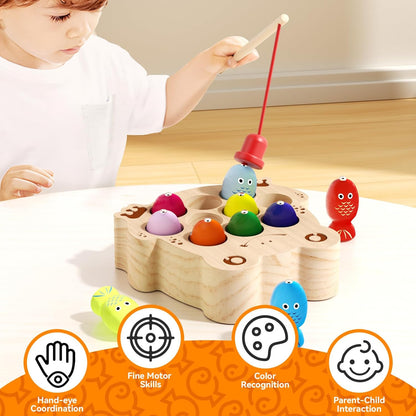 Wooden Magnetic Fishing Game for Toddlers 1-3, Montessori Sensory Busy Board Fine Motor Skills Toys for 1 2 3 Years Old Boys Girls (Frog B-Fish Game)