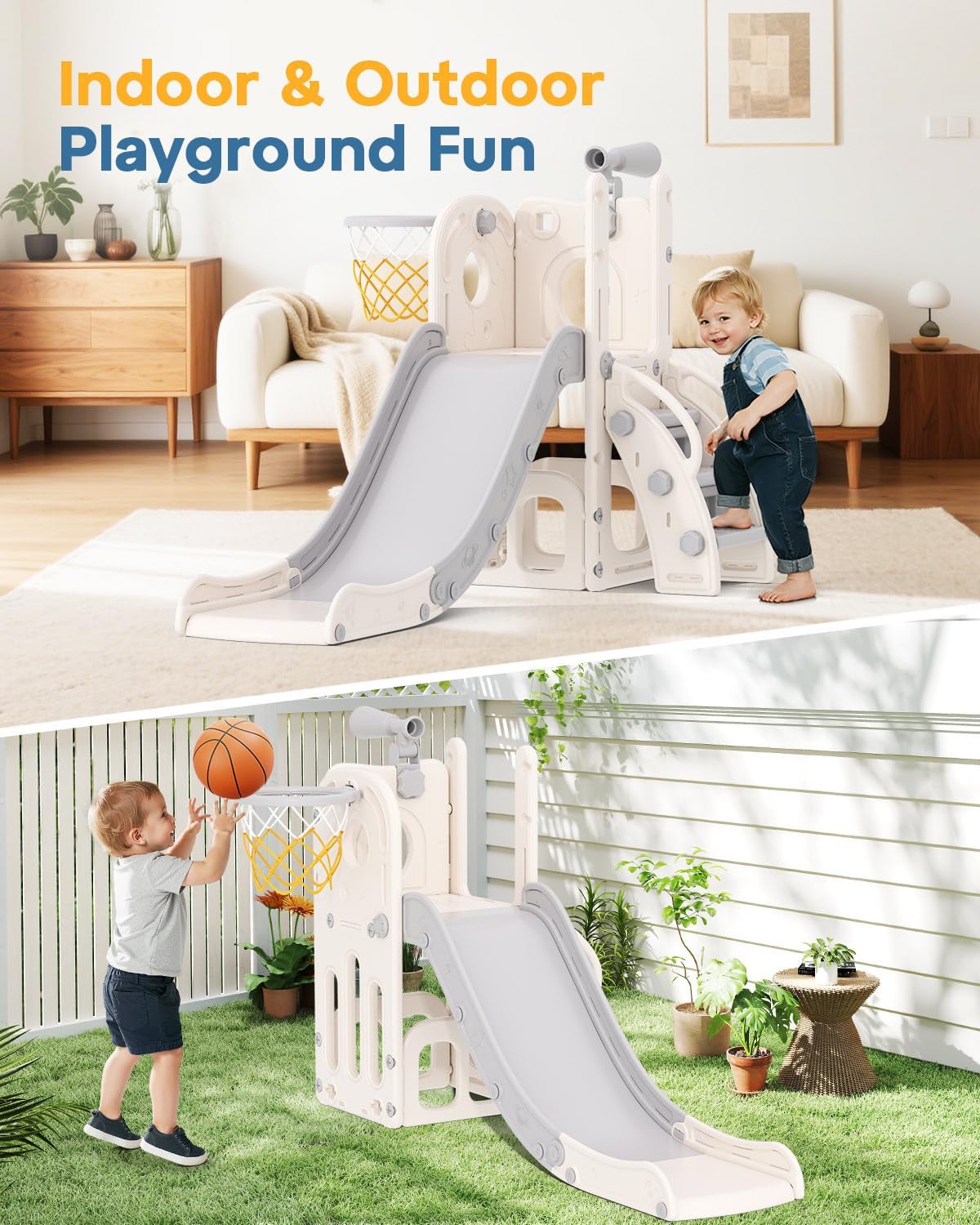 Babytronic Toddler Slide, 6 in 1 Kids Indoor Slide for Toddlers 1-3, Baby Indoor and Outdoor Climber Playset, Kids Slide with Basketball Hoop and Telescope, Toddler Outdoor Playground (Blue&Yellow)