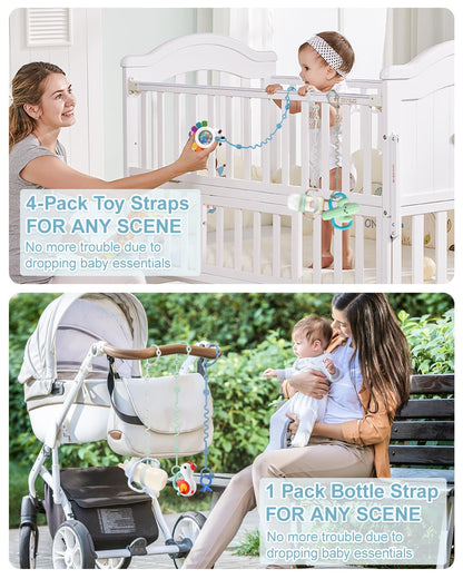 LittleHugs Toy Straps for Baby, 5pcs Adjustable Toy Holder for Stroller Accessories, Silicone Tether Pacifier Clip, No Throw Travel Essential Leash for High Chair, Car Seat (5-Pack)