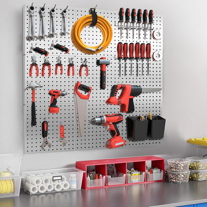 Peg Board, 4PCS Metal Pegboard Wall Organizer. Heavy Duty Pegboard, Peg Boards, Pegboard for Walls, White Pegboard for Garage Craft Room Workbench Office Kitchen Tool Organization, 12"*12"