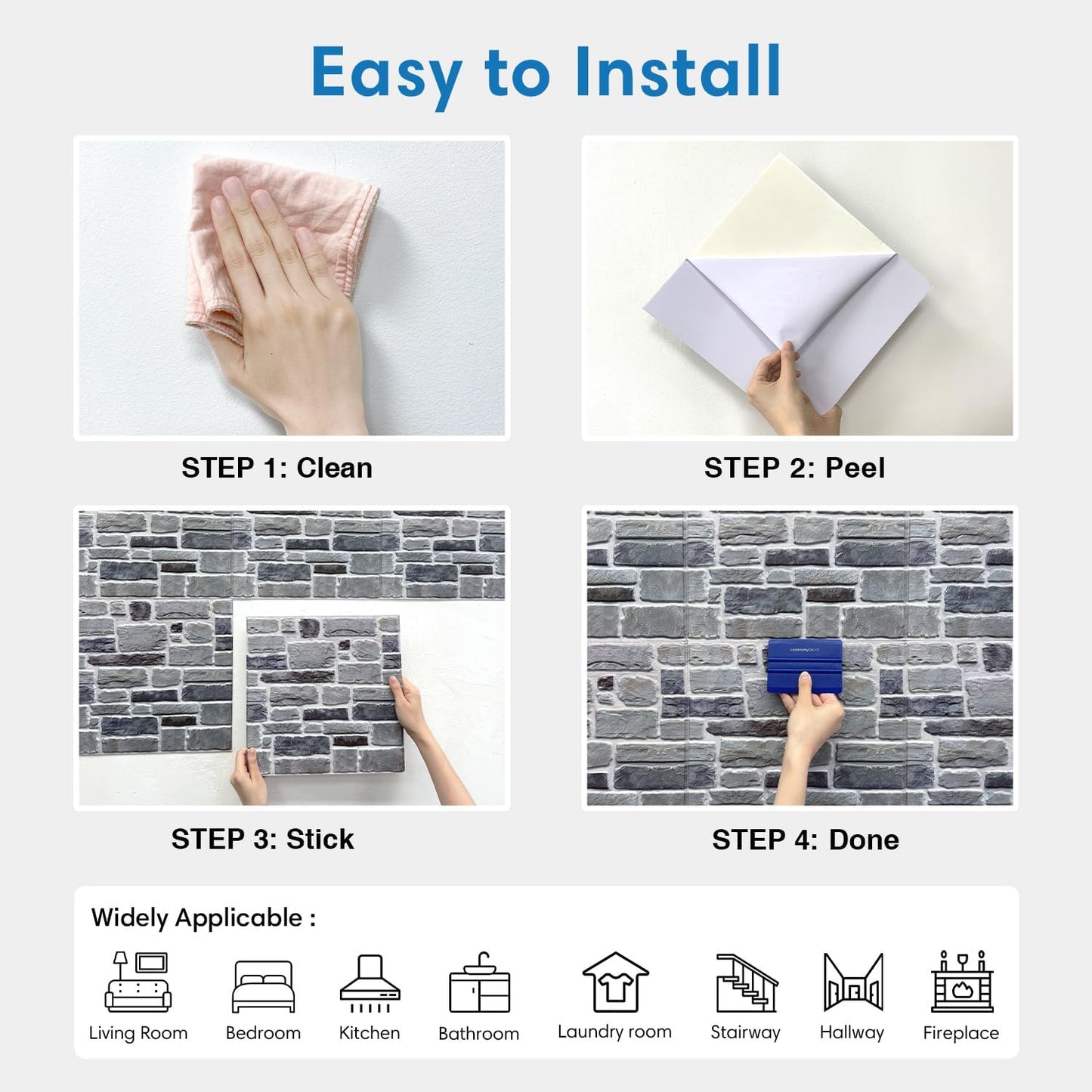 COMSTICKC 3D Faux Gray Stone Wall Sticker Peel and Stick Wall Panels,10 Pcs of 12"X12",Ultra-Light Thin PVC Decorative Tiles Rocks Stone Backsplash Interior Decor,Paintable