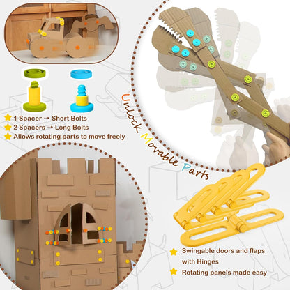 Cardboard Construction Kit - 401 PCS Kids Building Set with Safe Serrated Cutter, Crease Roller, Screws & Nuts, STEM Upcycled Tool for DIY Cardboard Projects, Engineering & Creativity