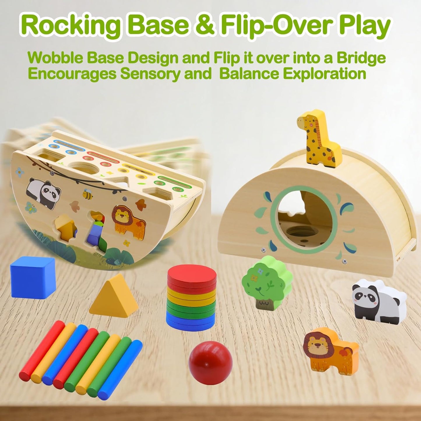 Montessori Busy Box for Toddlers 1-3, Wooden Object Permanence Coin Box with Shape Sorter & Animal Matching, Sensory Fine Motor Learning Toy with Wobble Base, Gift for 1 2 3 Year Old