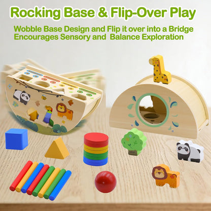 Montessori Busy Box for Toddlers 1-3, Wooden Object Permanence Coin Box with Shape Sorter & Animal Matching, Sensory Fine Motor Learning Toy with Wobble Base, Gift for 1 2 3 Year Old