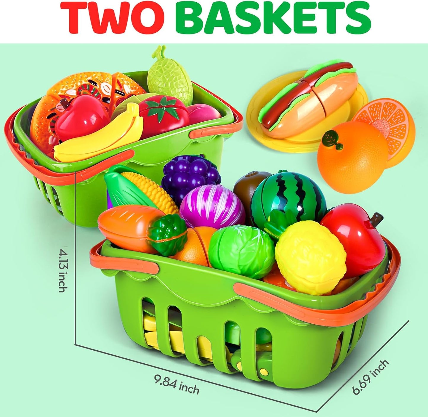 100 PCS Cutting Play Food Toy for Kids Kitchen, Pretend Food Toys for Toddlers, Play Kitchen Toys Accessories with 2 Baskets, Fake Food/Fruit/Vegetable, Birthday Gifts for 3 4 5 Years Old Boys Girls