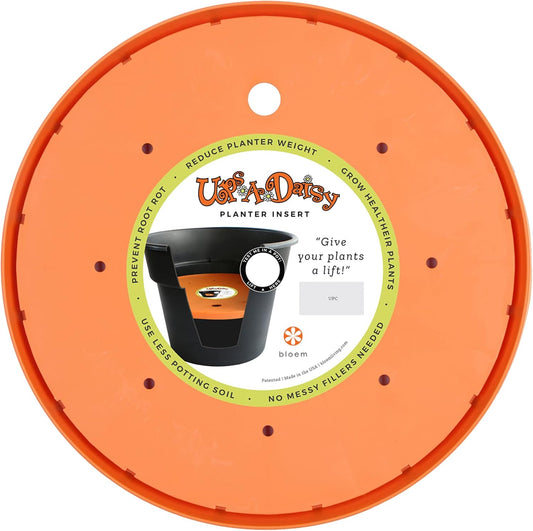Bloem Ups-A-Daisy Round Planter Insert: 15" - Orange - Durable Resin Disk, Drainage Holes, Place Inside A Planter, Use Less Potting Soil, for Indoor & Outdoor Use, Gardening