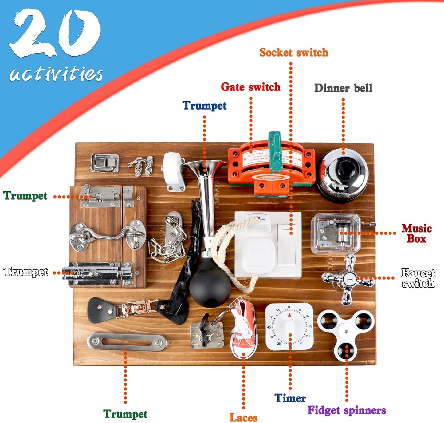 20-in-1 Busy Board for Toddlers - Travel Toy Activity Board for Fine Motor Skills - Toys for 3 Years Old Kids With Switch, Locks, Shoe Laces, Music Box