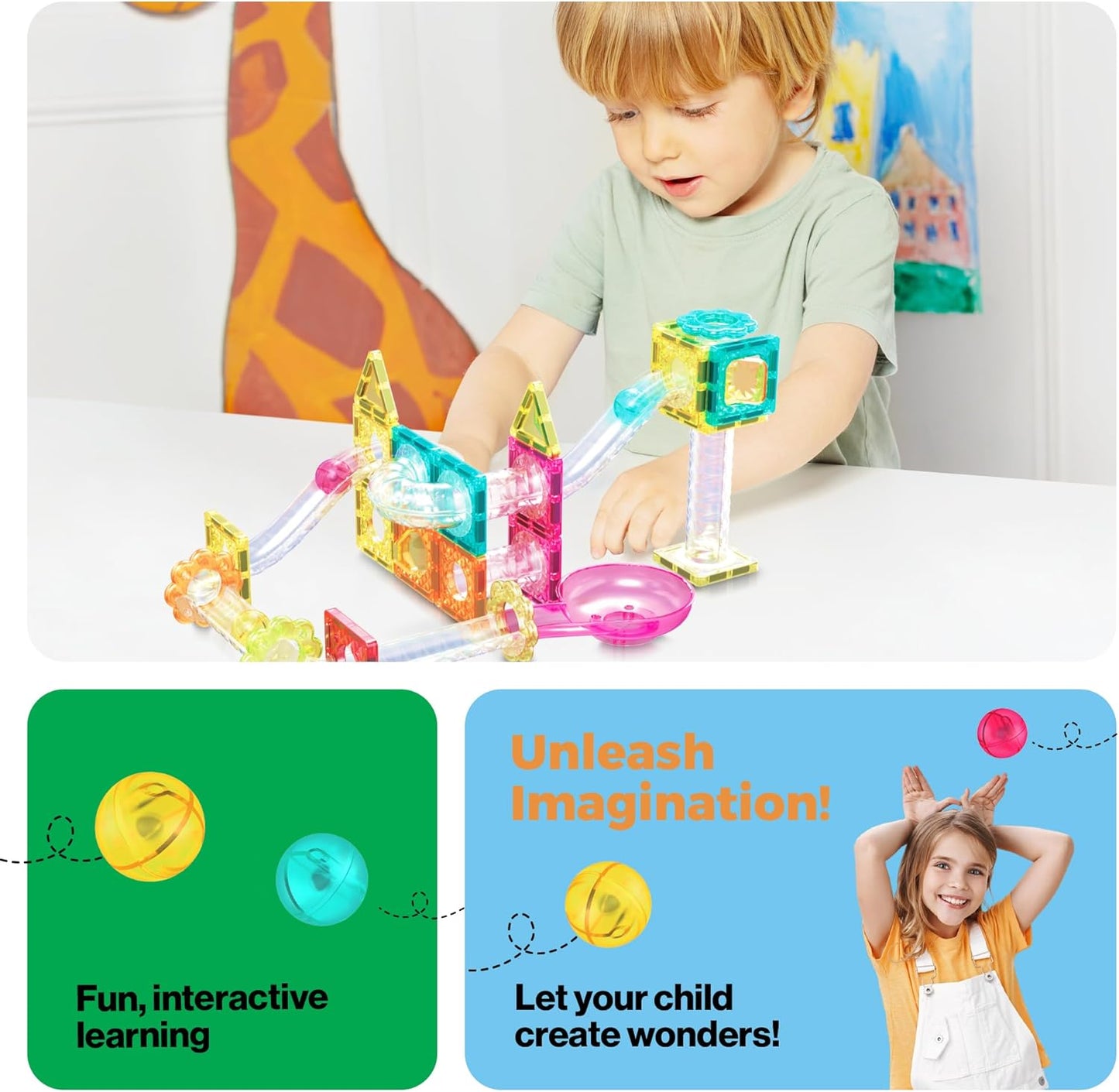 PicassoTiles Marble Run 60 Piece Race Track Magnetic Tiles Magnet Building Block Educational Construction Toy Set Playset STEM Learning Kit Child Brain Development HandEye Coordination Training PTG60
