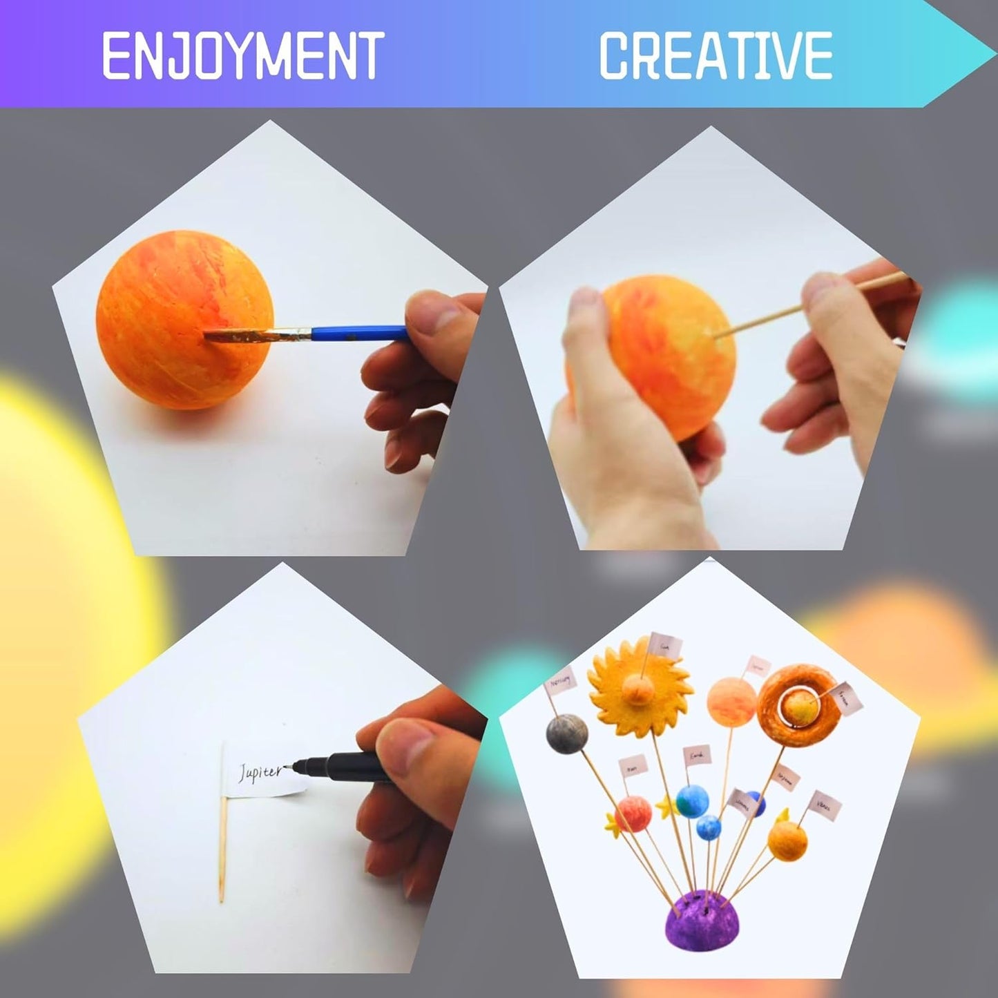 THINNGEN Solar System Model for Crafts, 54 Pack Solar System Project Kit Includes Polystyrene Foam Balls, Flags, Brushes, Sticks, Color Set, Mixing Tray, Stickers, Balloon for DIY Learn Planets