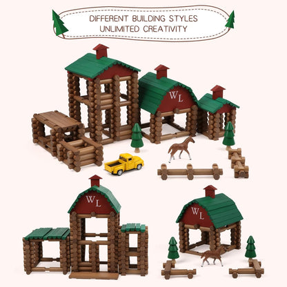 Wondertoys 208 Pcs Wooden Log Set - Classic Building Logs Ages 3+ - Best Retro Building Gift Set for Boys - Creative Construction Engineering Educational Gifts