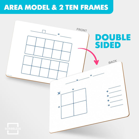 SCRIBBLEDO Dry Erase Ten Frame Area Model Board 9" x 12" Double Sided Whiteboard Math manipulatives for Kids - Area Model and 2 Ten Frames Math Practice for Addition Subtraction and Multiplication