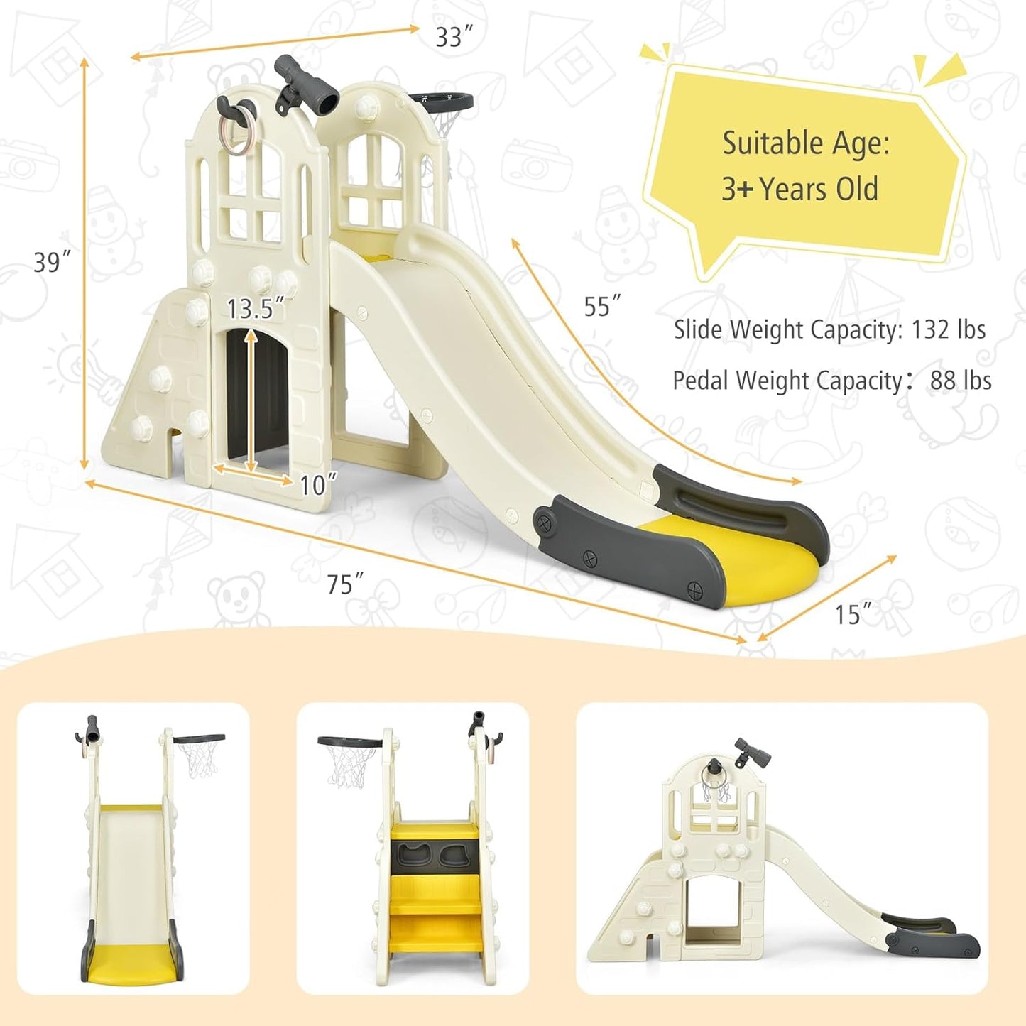 BABY JOY Toddler Slide, 6-in-1 Indoor Kids Slide Playset with Basketball Hoop, Telescope, Climbing Ladder & Storage Space, Freestanding Playhouse & Climber for Kids Aged 1-3 (Pink)