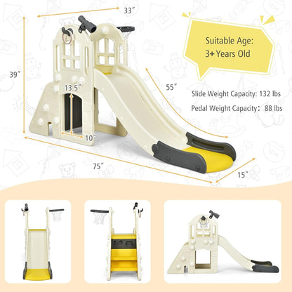 BABY JOY Toddler Slide, 6-in-1 Indoor Kids Slide Playset with Basketball Hoop, Telescope, Climbing Ladder & Storage Space, Freestanding Playhouse & Climber for Kids Aged 1-3 (Pink)