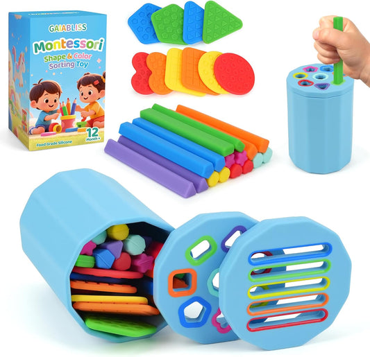 Shape & Color Sorting Montessori Baby Toddler Toys for 1 2 3 Years Boys Girls, Silicone Montessori Toys for 1 Year Old, Fine Motor Skills Sensory Toddlers Toy 1 Year Old Girl and Boy Gift,2 In 1